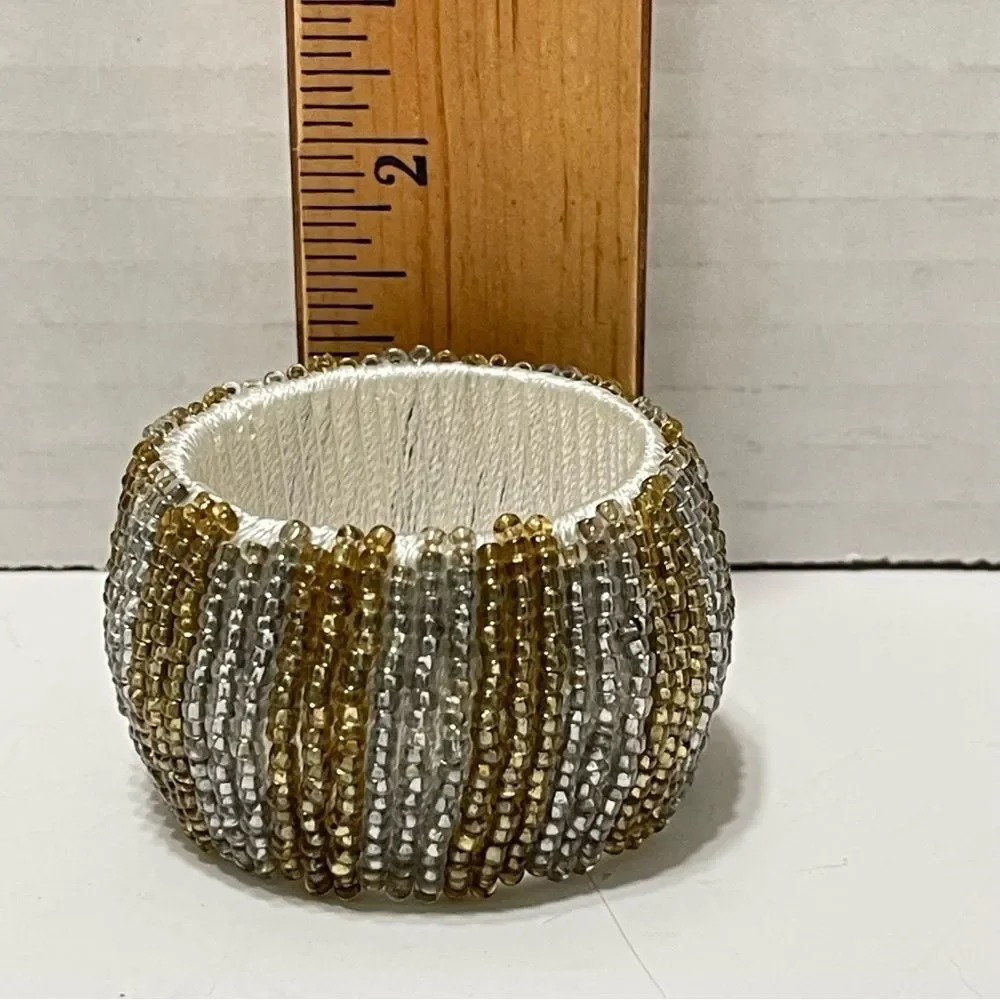 Pier 1 Gold & Silver Seed Beaded Napkin Rings Holiday Party Dining Set of 4